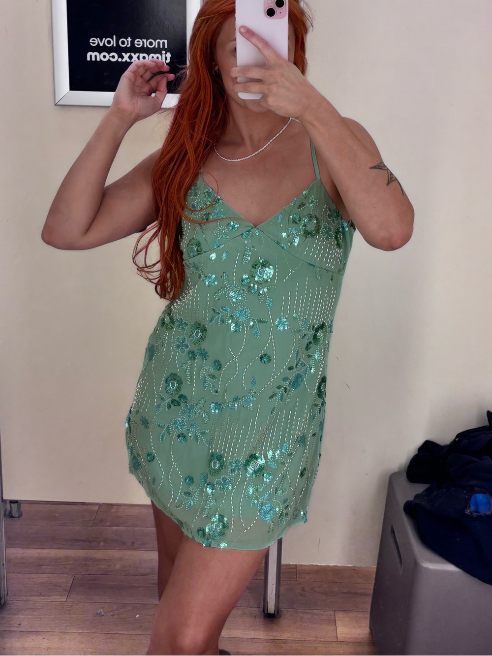 Embellished Sage Green Sequin Mini Dress with Spaghetti Straps